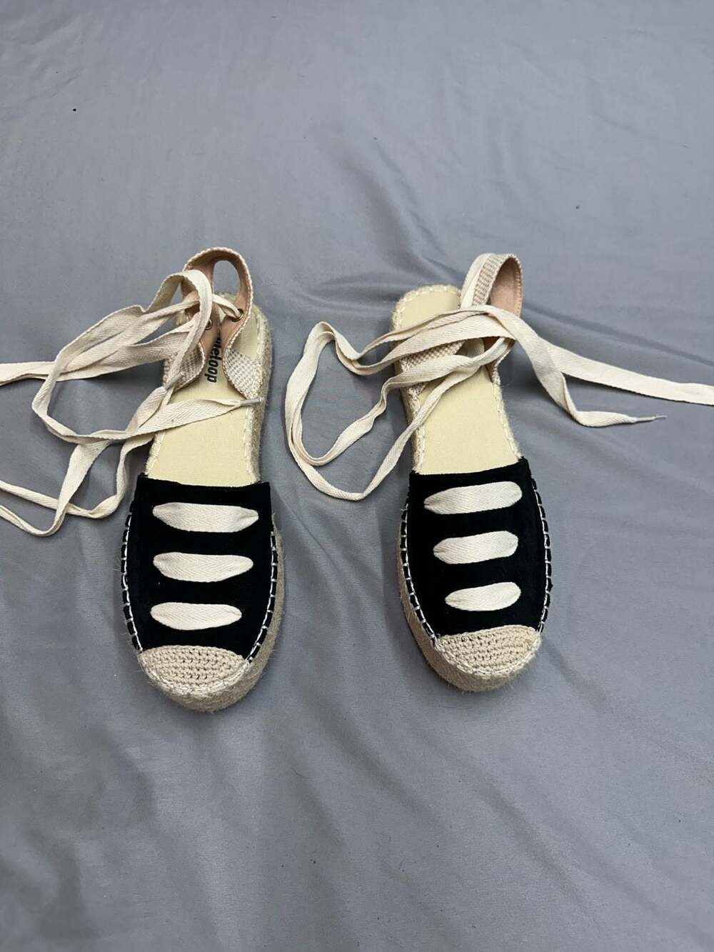 Espadrille Lace-Up Flats in Black and Cream